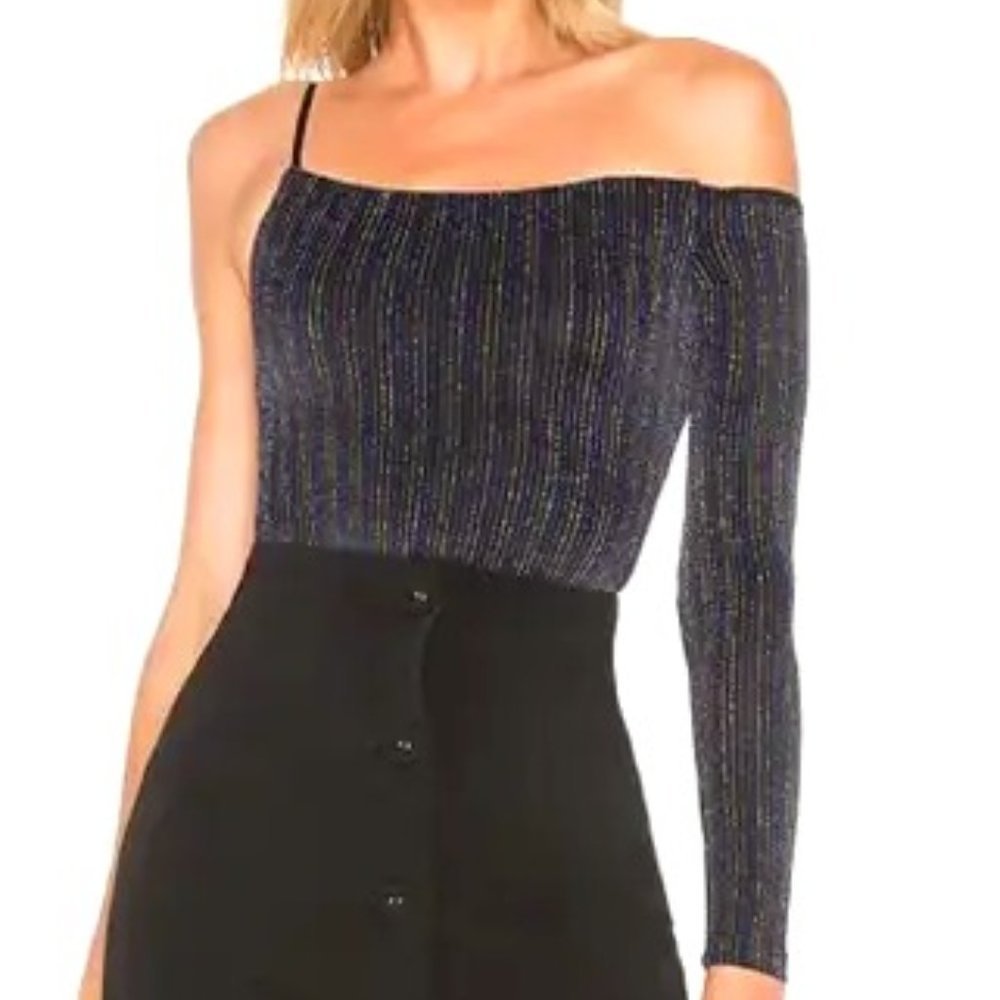 REVOLVE h:ours One Shoulder Black Rainbow Metallic Stripe Bodysuit XS